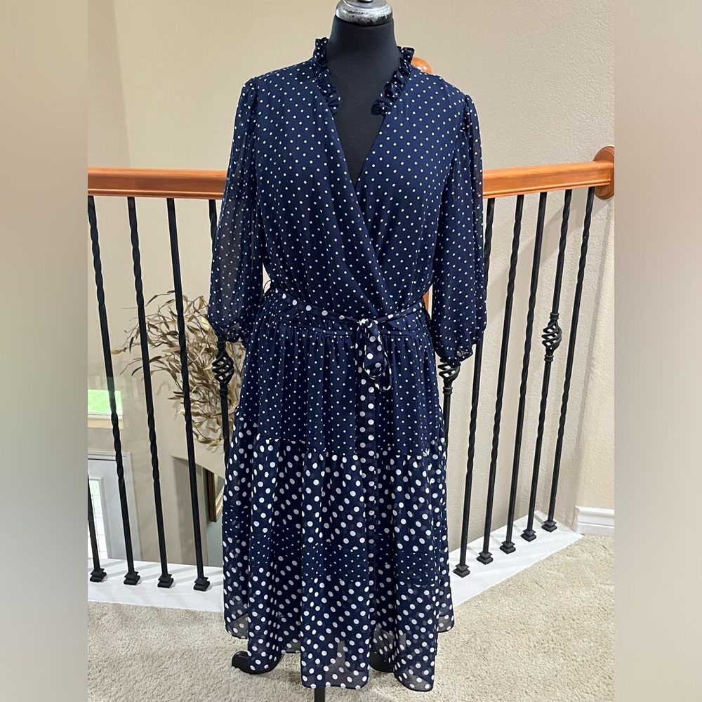 MAISON TARA Navy Polka Dot Long Sleeve TIERED MIDI LENGTH, Dress WOMEN SIZE 16W - Picture 3 of 11